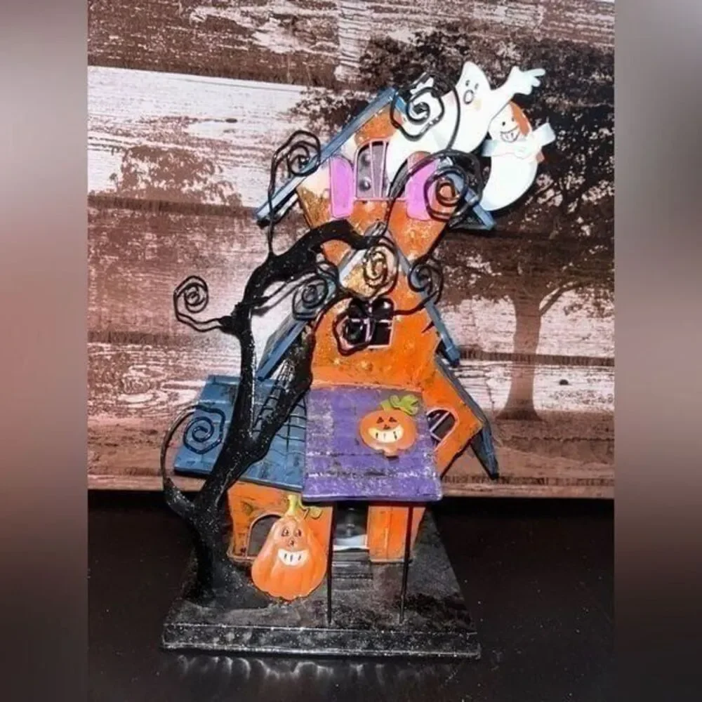 Halloween metal bright colors house with tea light house multi bright c
